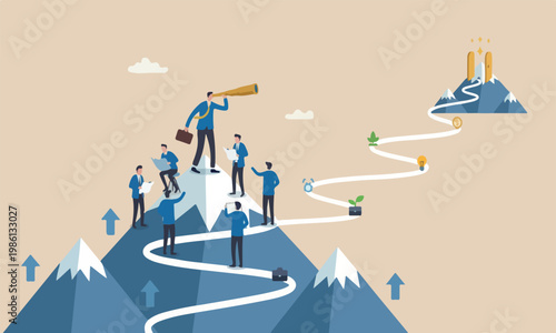 Business, looking for jobs, future success or career goal, leadership mission concept, businessman lookout telescope top mountain peak