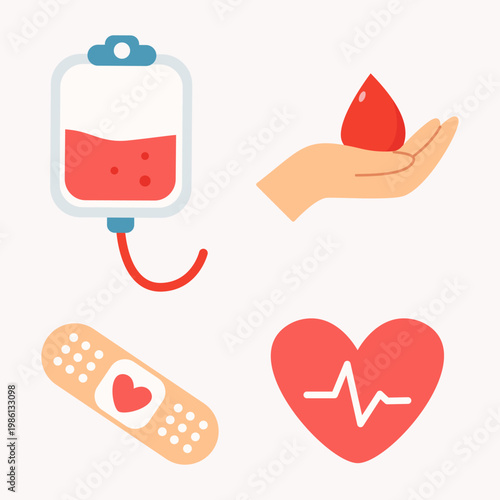 Blood Donation Medical Icons Set with Heart Pulse Blood Bag and Hand Drop