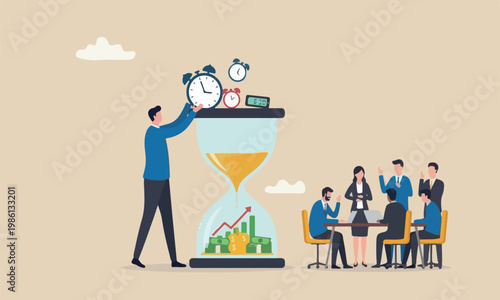money retirement teams together businessman investor putting time pieces, clock, alarm clock and timer into sandglass falling to money profit return