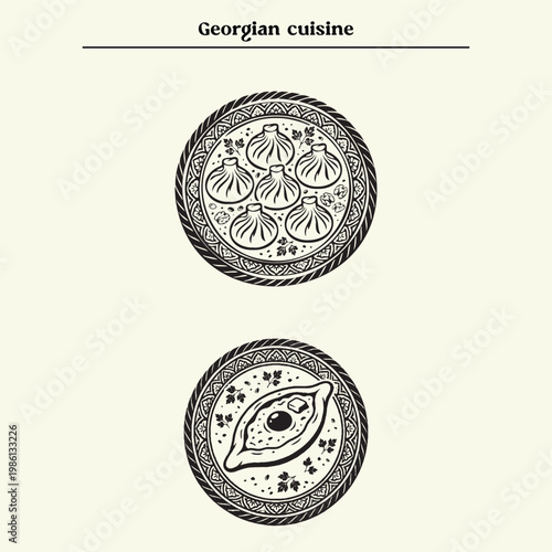 Hand-drawn Georgian cuisine in engraving style. Traditional dishes perfect for menus, cookbooks, and cultural food projects.