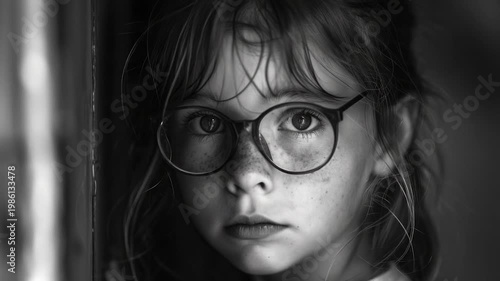A young girl wearing glasses looks directly into the camera with a friendly smile