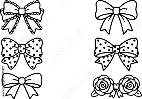 Black and white line art decorative bows with polka dots rosette flowers