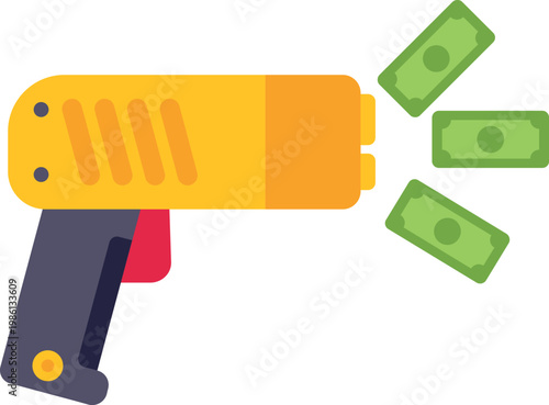 Money gun releasing flying cash bills representing wealth and profit