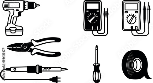 Electric drill pliers multimeter soldering iron screwdriver and electrical tape