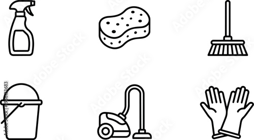 Black and white line art cleaning tools spray bottle sponge broom bucket vacuum gloves