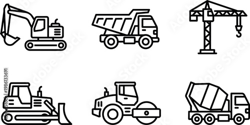 Black and white line art construction vehicles excavator dump truck crane bulldozer roller concrete mixer