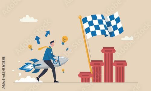 Competitiv creativit strategy and success concept, smart businessman with rocket booster lead the way to win business competition