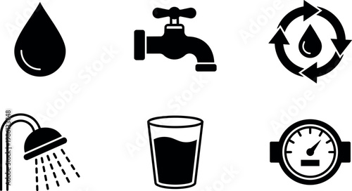 Black water drop faucet shower glass meter icons set vector art