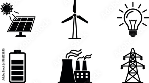 Black and white energy icons solar panel wind turbine battery power plant light bulb and transmission tower