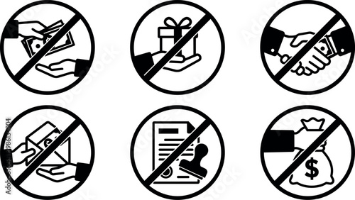 Black and white vector icons of prohibited money gift and cash transactions