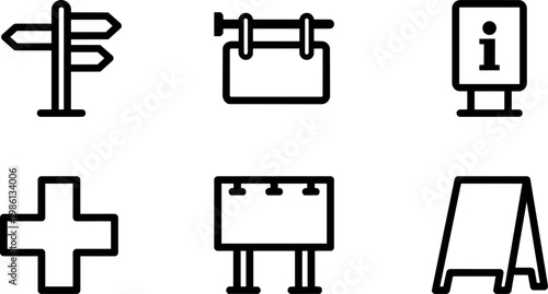 Black and white icon set of directional and signage symbols in line art style