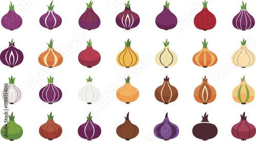 Onion and shallot icons set of colorful bulb vegetables purple red and yellow vector flat graphics