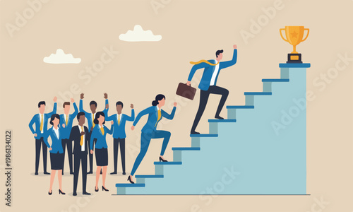 Business competition clean lines and minimal shading. teams together businessman and businesswoman walk stair compete trophy