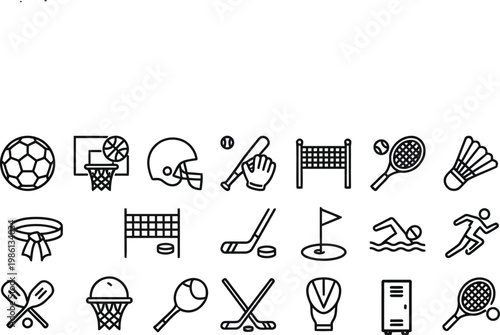 Sports line icon set featuring equipment and activities. Football basketball tennis swimming