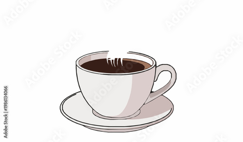 Coffee cup with steam and saucer perspective view detailed vector illustration isolated on white background