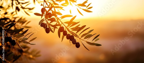 Olive tree branch with ripe olives glowing in warm golden sunset light, soft natural background, serene agricultural scene, harvest season concept
