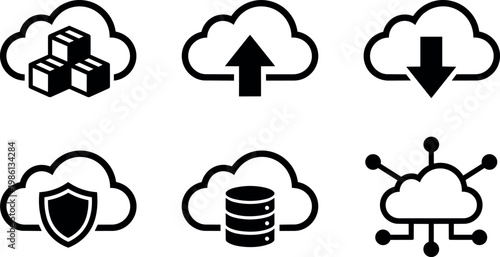 Black and white cloud computing icons with upload download shield and database symbols