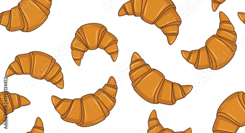 Seamless pattern of golden brown flaky croissants in a hand drawn cartoon style.