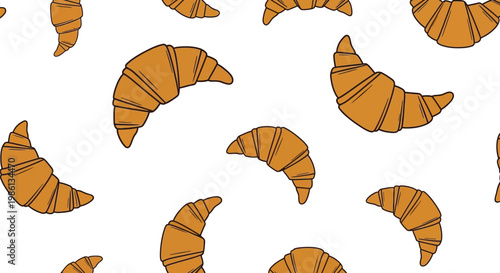 Seamless pattern of hand-drawn croissants with golden brown crust and flaky texture