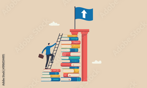 Business pillars challenge and personal improvement, reading list concept, businessman climb up ladder on books stack for good vision