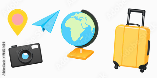 Colorful travel icons including a globe suitcase and camera