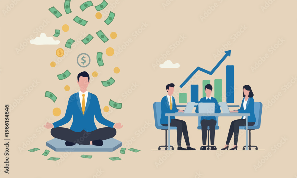 Fototapeta premium Money or mindset meeting teams together bigger one fall or ambition to growth revenue, success investment and savings or attitude to grow business concept, calm businessman meditating with falling