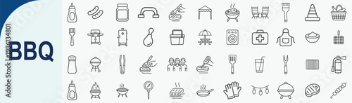 BBQ and Grill Line Icon Set, Outdoor Cooking Picnic Vector Illustration Elements