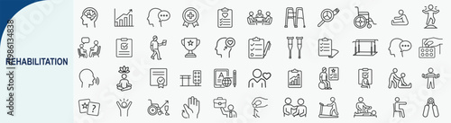 Rehabilitation and physical therapy line icons set for medical healthcare design