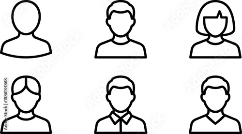 Simple black line art avatars with six different gender neutral hairstyles