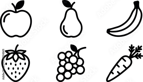 Black and white line art apple pear banana strawberry grapes and carrot icons