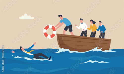 Help in business aid solve problem, emergency lifebuoy concept, hopeless businessman drowning in ocean try to grab lifebuoy from safe guard