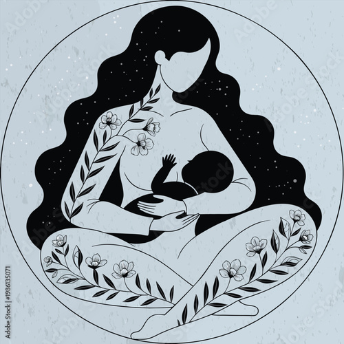 Boho breastfeeding mother vector illustration, mystical celestial woman nursing baby, floral botanical motherhood art with starry hair