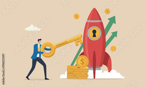 Financial key success big red rocket for investment opportunity, wealth solution to make money and gain profit concept, smart businessman investor holding huge golden key to unlock coin keyhole