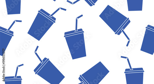 Repeating pattern of blue silhouettes representing disposable drink cups with straws and lids