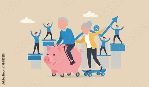 Retirement planning, success investment in 401K, Roth IRA or retirement concept, couple meeting team man riding huge piggy bank with his wife fast growth skate board