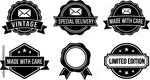 Black and white vintage special delivery and made with care badges with envelope icons