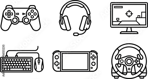 Black and white line art game controller headset keyboard mouse screen handheld console and steering wheel