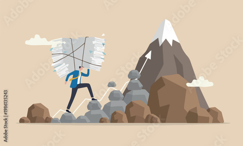 Effort or,boulder mountain peak challenge to career ladder, motivation or efficiency concept, businessman carry heavy document paper step on growth graph