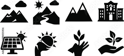 Environment and renewable energy icon set featuring mountains solar panels and seedling growth symbols