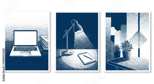 Creative Workspace: Laptop, Desk Lamp, Notebook, and Plants - Artistic Illustration