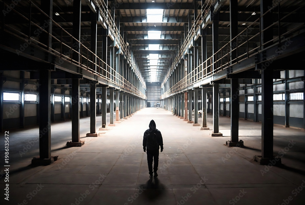 Fototapeta premium A lone figure walks down a long, empty industrial hall. Setting: A vast, abandoned warehouse or factory with towering columns and a desolate atmosphere.
