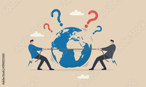 Geopolitics world leader, power to gain advantage from world economics or international trade and commercial concept, businessmen countries pulling tug of war on world planet earth