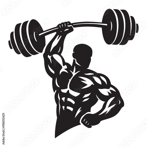 Muscular bodybuilder silhouette lifting heavy barbell, strong weightlifter fitness vector icon, black and white gym athlete logo design