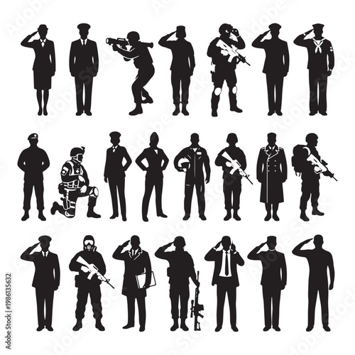 Military soldier silhouettes set, 21 army personnel icons in uniform, black vector silhouettes of armed forces and naval officers saluting