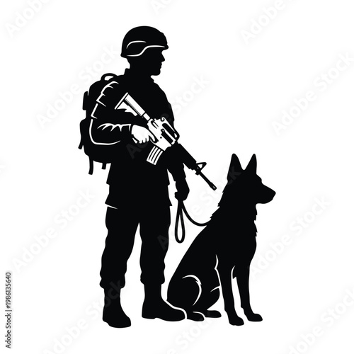Military soldier silhouette with K9 service dog, tactical army veteran and german shepherd vector, security guard and canine partner icon