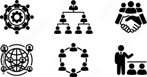 Black and white organizational chart handshake teamwork business icons set