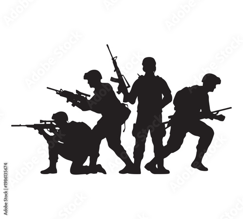 Military soldier silhouettes with rifles, tactical infantry squad in combat poses, black army commando vector group on white background