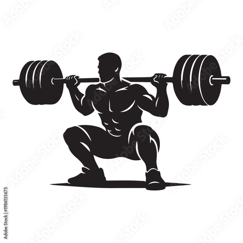 Muscular bodybuilder silhouette performing barbell squats, powerful weightlifter gym logo vector, athletic man strength training icon on white background