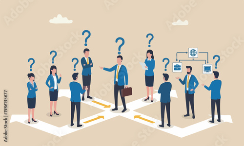 Choose career teams together choice, decide the right or wrong direction, opportunity challenge, confusion or thinking to find the way concept, confused businessman choosing direction