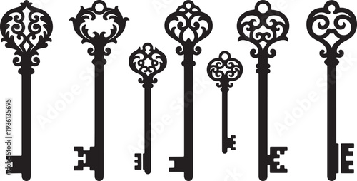 Set of decorative vintage keys with ornate handles on transparent background perfect for vector design and retro decor.